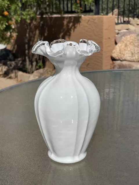 Vintage Fenton Silvercrest Milk Glass, Ruffled Edge Tall Melon 7" Vase