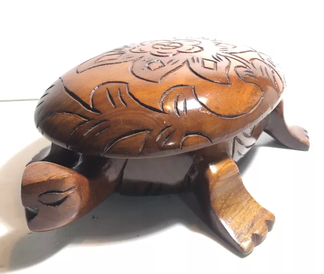 Vintage Turtle Tortoise Wooden Haiti Carved  Floral Lidded Large 11” Trinket Box