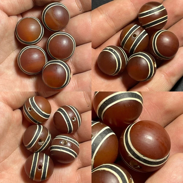 5 PCS Ancient Etched Agate Stripes Pyu Indo Tibetan Old Dzi Beads