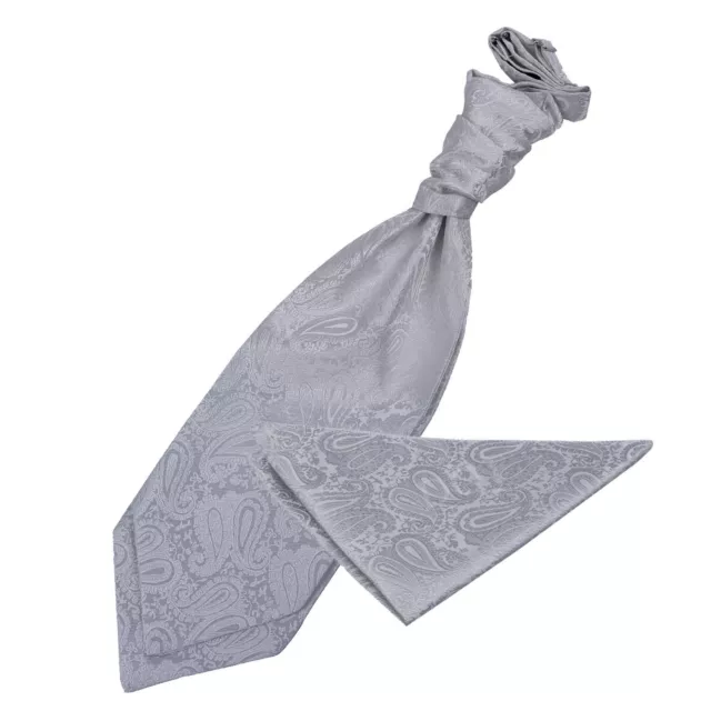 Silver Woven Floral Paisley Wedding Mens Cravat Handkerchief Set by DQT