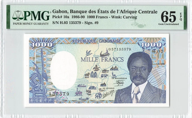 GABON 1000 Francs 1986, P-10a Scarce Date Sign: 9, PMG 65 EPQ Gem UNC Grade
