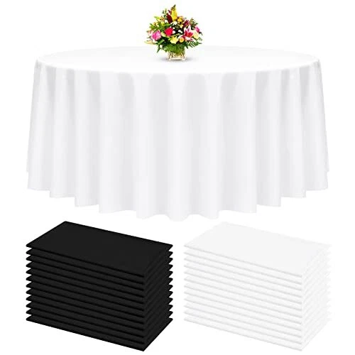 24 Pack Exquisite Black and White Round Tablecloths,96 Inch Black Plastic
