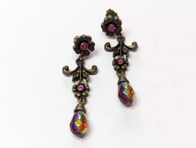 Avon Floral Dangle Drop Pink RS Glass Victorian Style Pierced Earrings 2"