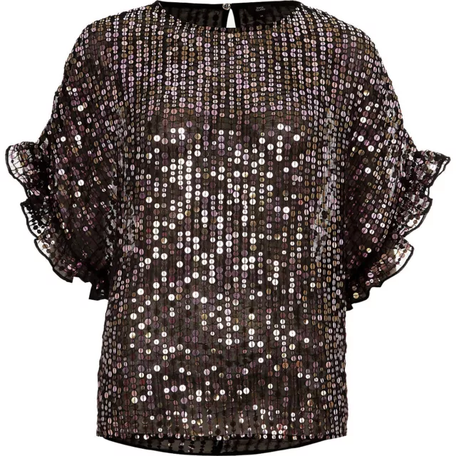 Ex River Island Sequin Embellished Black Frill Sleeve Top Size XS - M (BQ5.4)