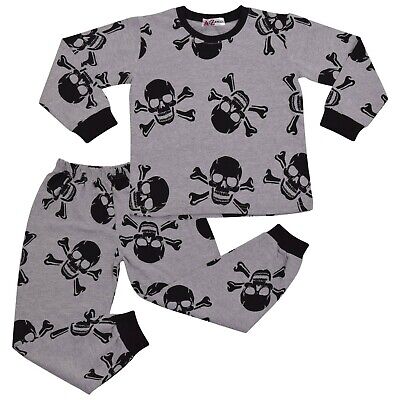 Kids Girls Boys Grey Skull n Bones Pyjamas PJs 2 Piece Cotton Set Nightwear
