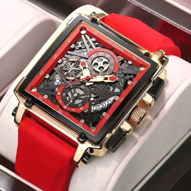 Lige Men's Quartz Luxury Watch Waterproof Chronograph Red Gold Sport Wristwatch