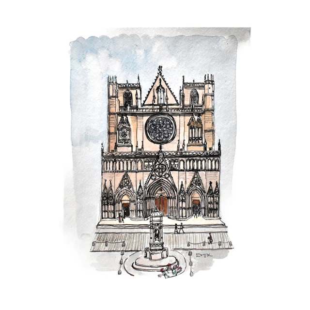Vintage Mid-Century Signed Architectural Watercolor Painting of Gothic Cathedral