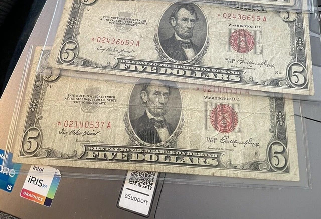 1953A Red Seal Star Note $5 Five Dollar Bill Ungraded Circulated Sold As 1 Each