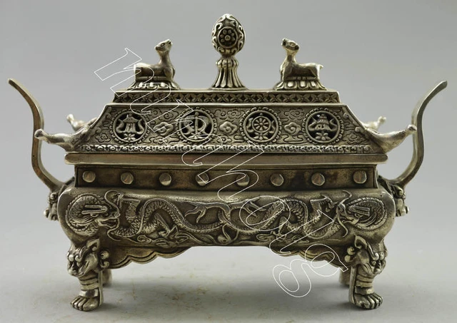Fine Antique Old Handwork Tibet Silver Tower Dragon Incense Burner "Ding" Censer