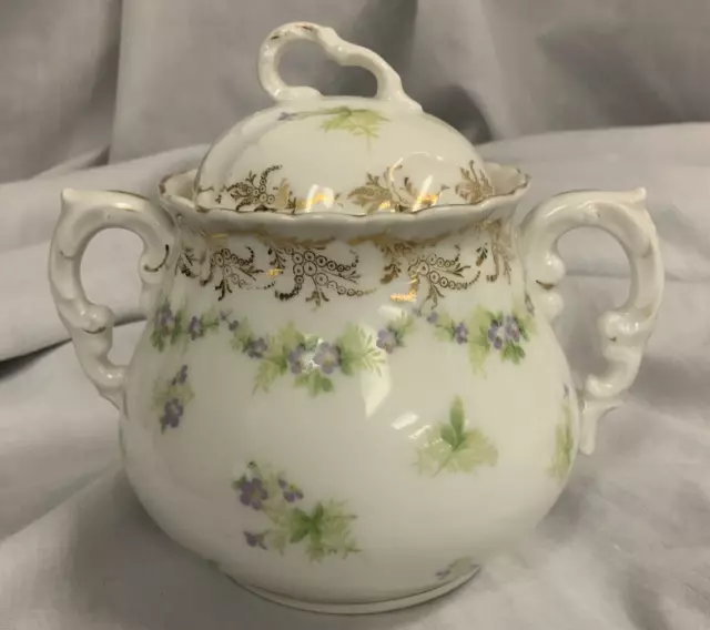 Vintage KPM Sugar Bowl Purple Flowers Gold Trim 2