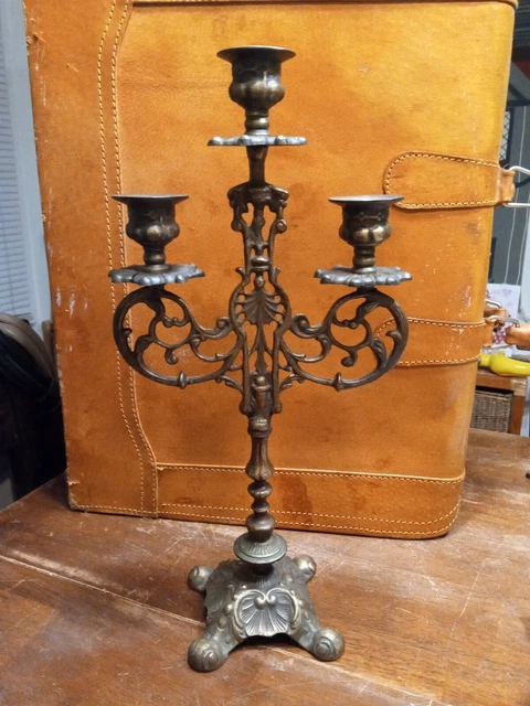Vintage Heavy Brass Ornate 14” Candelabra 3 Arm Candle Candlesticks Holder