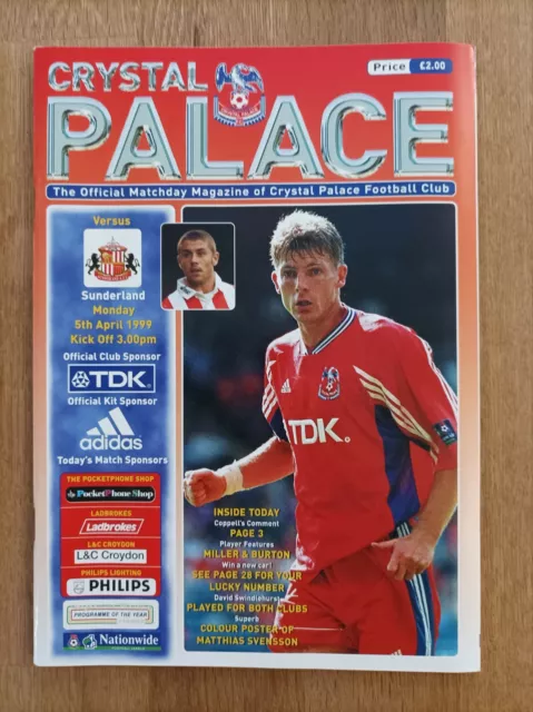 1998/99 Crystal Palace v Sunderland - Championship Programme - 5.4.99.