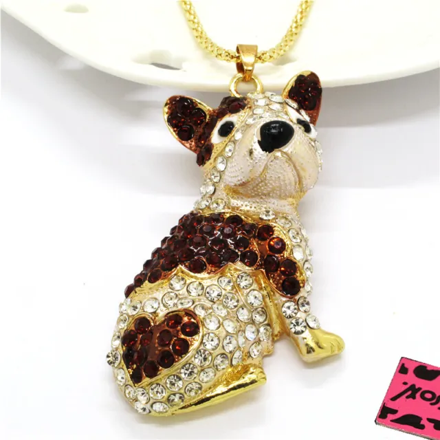 Fashion Women Cute Brown Bulldog Dog Puppy Crystal Pendant Chain Necklace