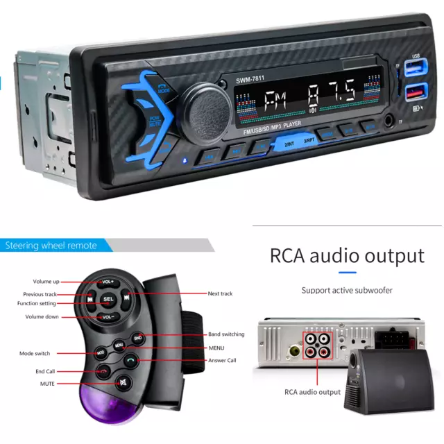 Car MP3 Player 1DIN BT FM Stereo Radio AUX RCA W/Steering Wheel Remote Control