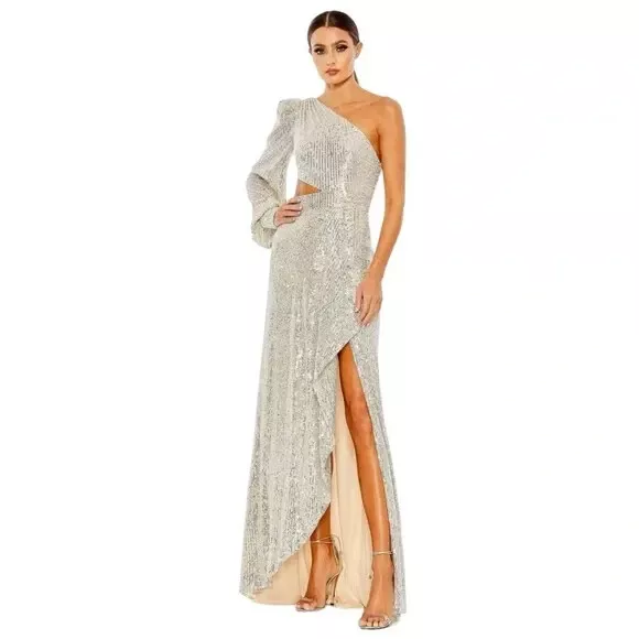 Ieena Mac Duggal Silver Sequin Cutout One-Shoulder Gown Size 12 $398