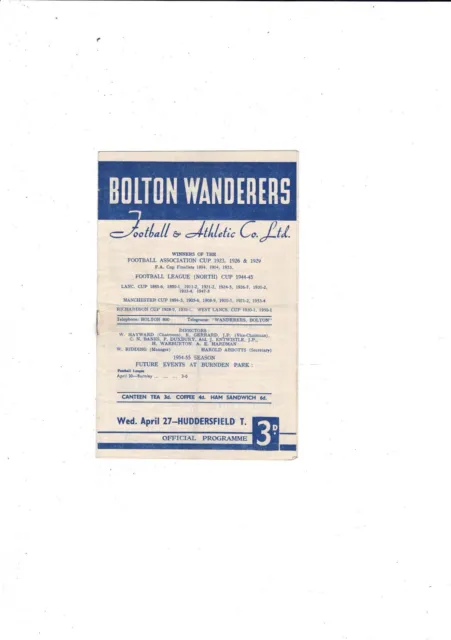 1954/55 Bolton Wanderers v Huddersfield Town Football Programme