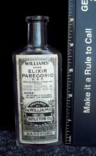 Opium Bottle, Williams’ Elixir Paregoric, Full Original Label, Hartford, CT