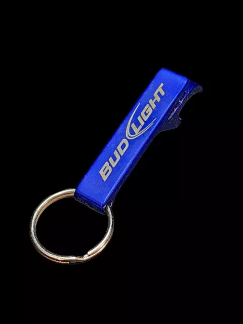 Blue Bud Light Beer Bottle Metal Opener Key Chain Man Cave Party Bar Cap 3.75"
