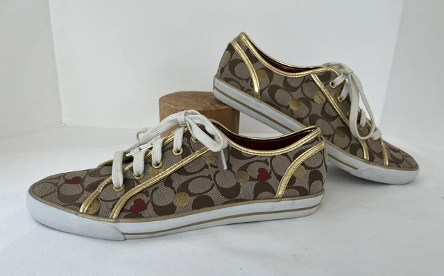 Coach Dee Women's  Brown Tan Gold Signature Hearts Canvas Logo Sneakers Size 11B