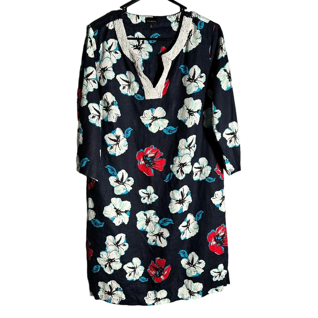 Talbots Floral Linen Dress Women’s Size M Blue Beaded Side Slit