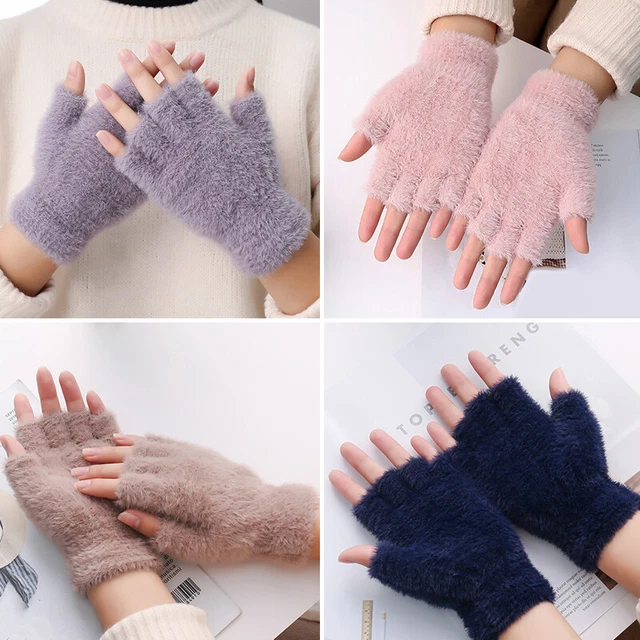 Guanti Half-Fingers Uomo Donna Inverno Caldo Peluche Senza Dito↑ P