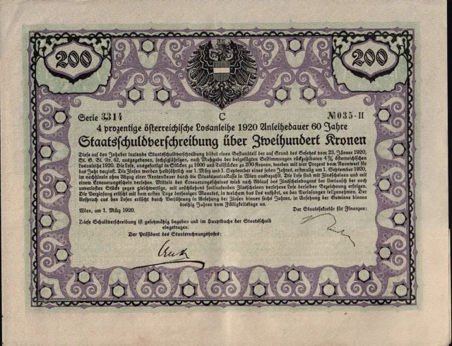 AUSTRIA   State Bond / Lottery Loan 200 Crowns w div doupons dd 1920 Vienna