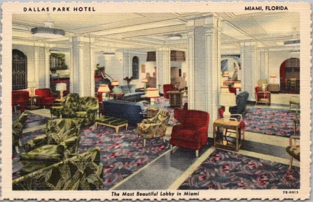 MIAMI BEACH, Florida Postcard DALLAS PARK HOTEL Lobby View / Curteich Linen 1947