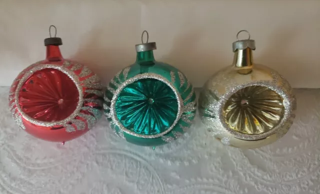 3 Vintage Mercury Glass Deep Indent Reflector 2.5" Oval Christmas Ornaments