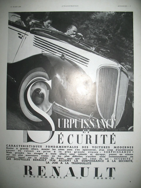 Publicite De Presse Renault Automobile Surpuissance Et Securite French Ad 1936