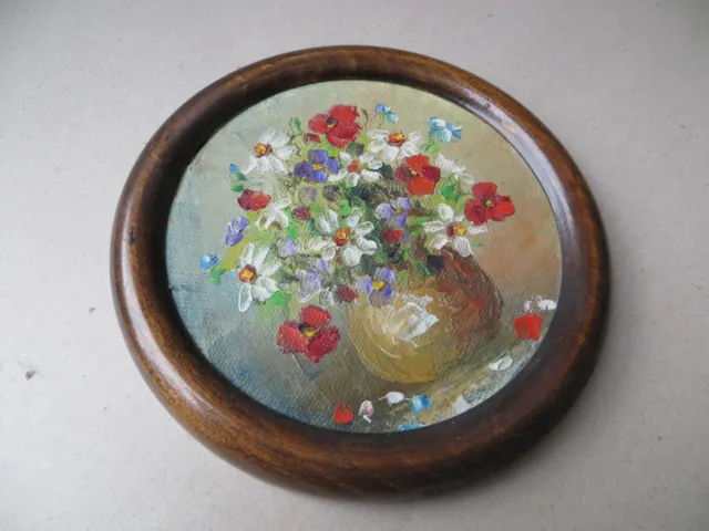 Gemälde - Blumen, Blumenvase - Öl/Karton - Gerahmt - Durchmesser 140 Mm