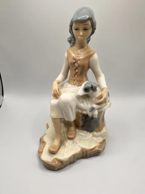 Casades Art Young Lady & Dog Figurine Statue Sculpture Spain 7" X 3.5" Rare