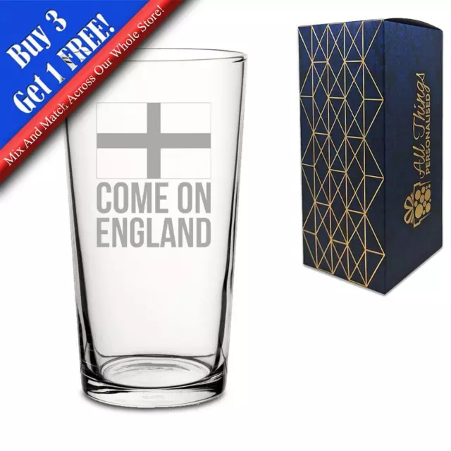 Engraved Football Perfect Pint Glass, Come On England Flag Design, Gift Boxed