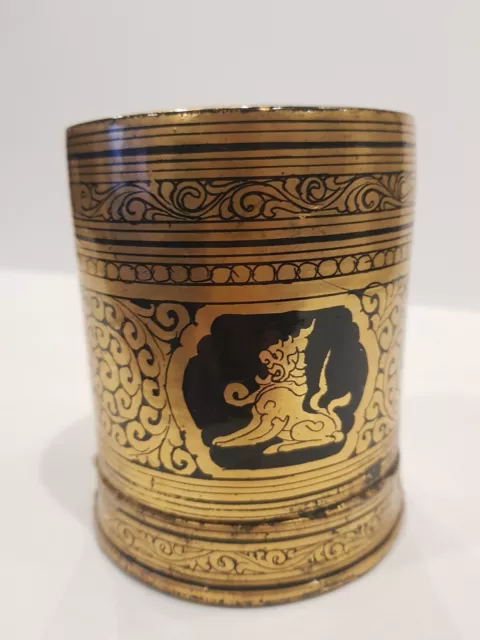 Vintage Hand Painted Burma Black & Gold Lacquer Container: 9.5cm Tall