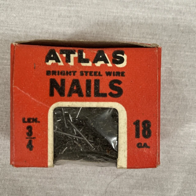 Vintage Box Of Atlas Bright Steel Wire Nails  Length 3/4 18 GA