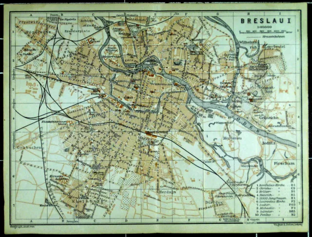 BRESLAU (Wrocław), alter farbiger Stadtplan, datiert 1914