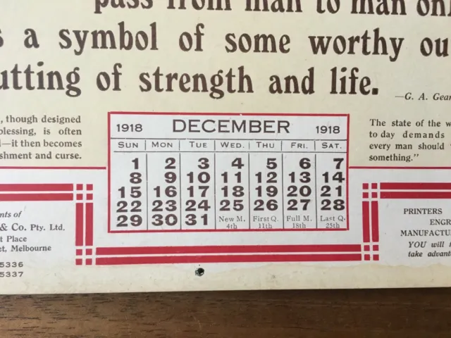 Antique December 1918 Calendar Osboldstone & Co Melbourne Printer Art Deco 2