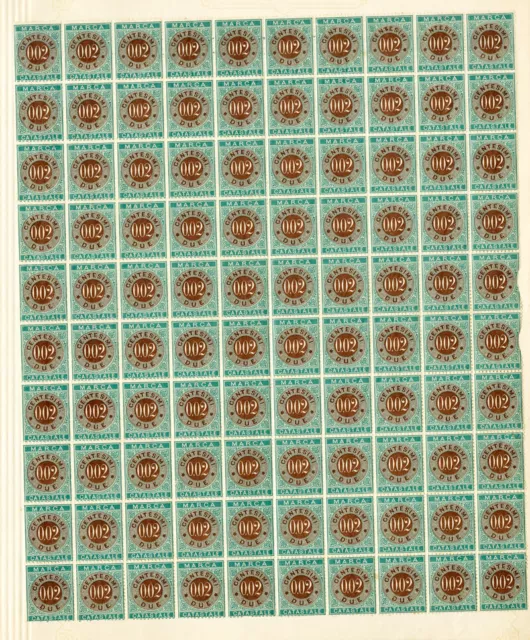 Italy Stamps Revenue due brn & green .02L Sheet of 100x Rare