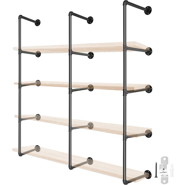 VEVOR Pipe Bookshelves Industrial Wall Mount DIY Pipe Shelf 3PCS 4-Tier Bracket