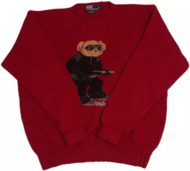 Vintage Ralph Lauren Polo Bear Red Ski Bear Hand Knit Sweater L 1990's Rare