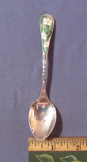 Vintage Bermuda Sterling Silver & Enamel Souvenir Spoon Fancy Floral