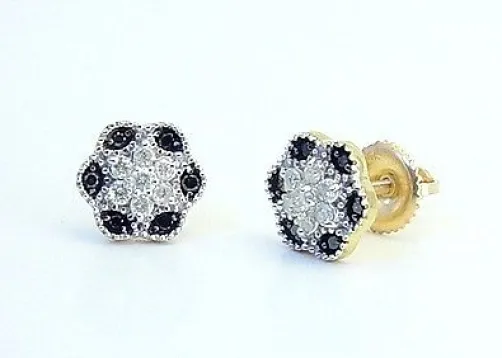 10K Yellow Gold Black & White Diamond Earrings Vintage Style Screw Back Studs