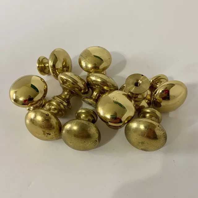 Lot of 11 Vintage Solid Brass Cabinet Knobs Drawer Pulls Round 1.125 Dia.