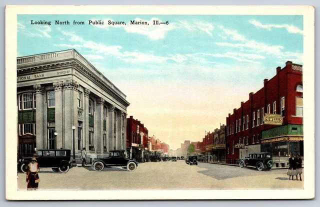 Marion Illinois ~ to the north from the public square ~ National Bank ~ Powell's ~ Coffee ~ Auto 1920s
