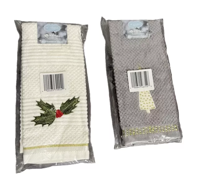 Set Of 2 St. Nicholas Square Holly Christmas Tree Fingertip Towels NWT