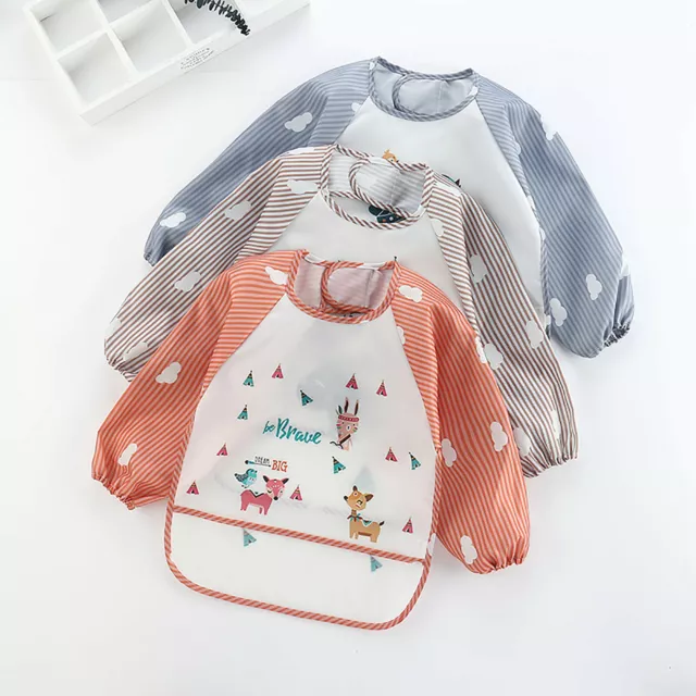 Baby Child Feeding Bibs Apron Waterproof Cloths Long Sleeves with Food Catcher