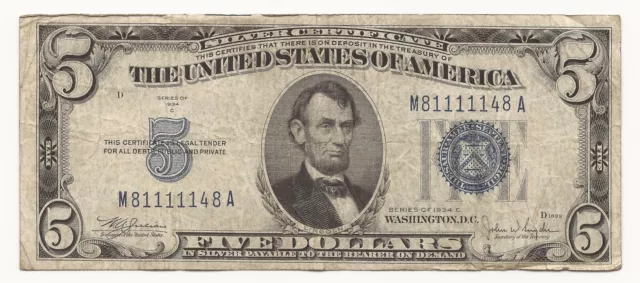 1934-C $5 Dollar Bill Silver Certificate Note Trinary Serial 148A-YP