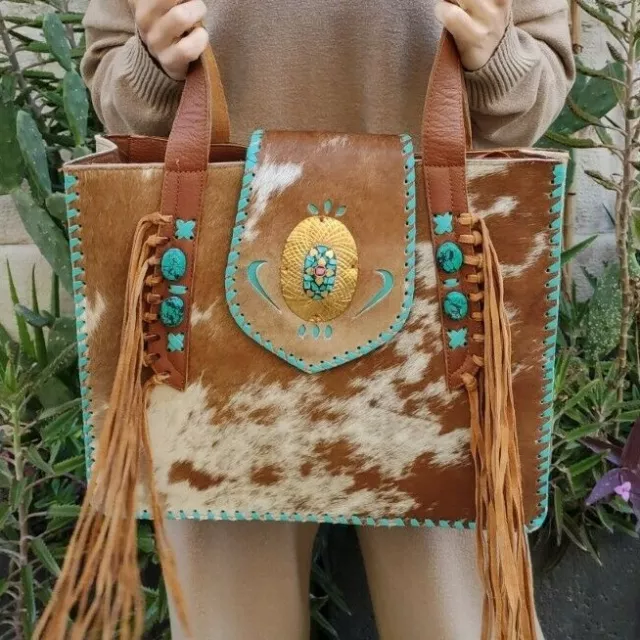 Borsa Grande Cartella Cowgirl Frange Country Vera Pelle Vintage Coachella