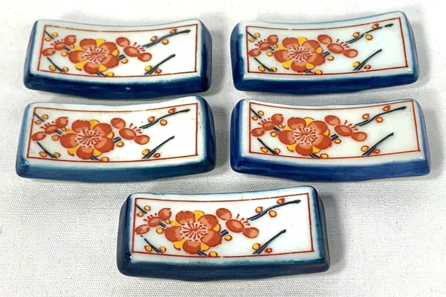 Lot of 5 Chopstick Rest Japanese Hashioki Porcelain Cherry Blossoms