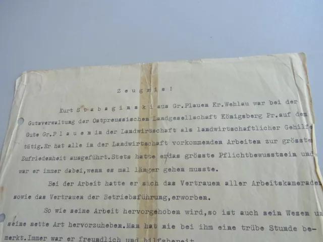 Ostpreußische Landgesellschaft: Zeugnis KUXTERN 1938 für Stabaginski, Gr. PLAUEN 3