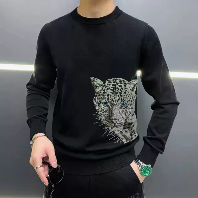 New Men Luxury Diamond Leopard Rhinestones Fashion Knitted Black White Sweater